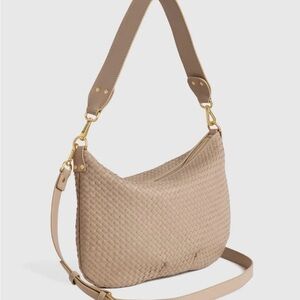 Quince Italian Leather Convertible Crescent Handwoven Shoulder Bag Taupe